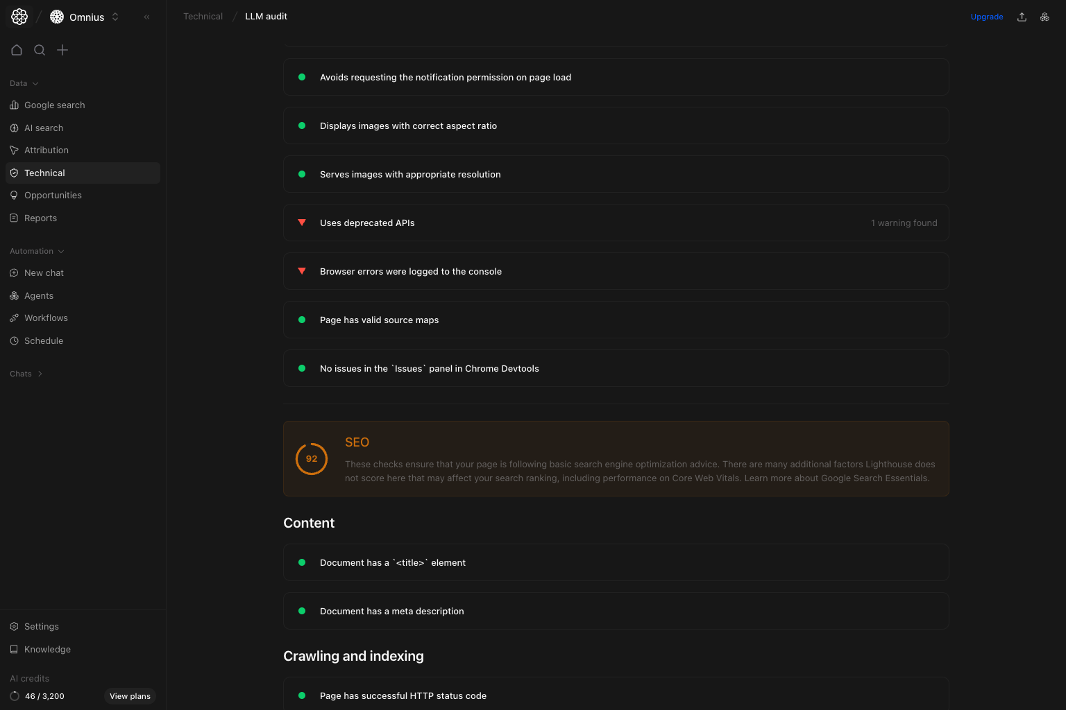 LLM audit details with SEO, content, and crawling and indexing check sections