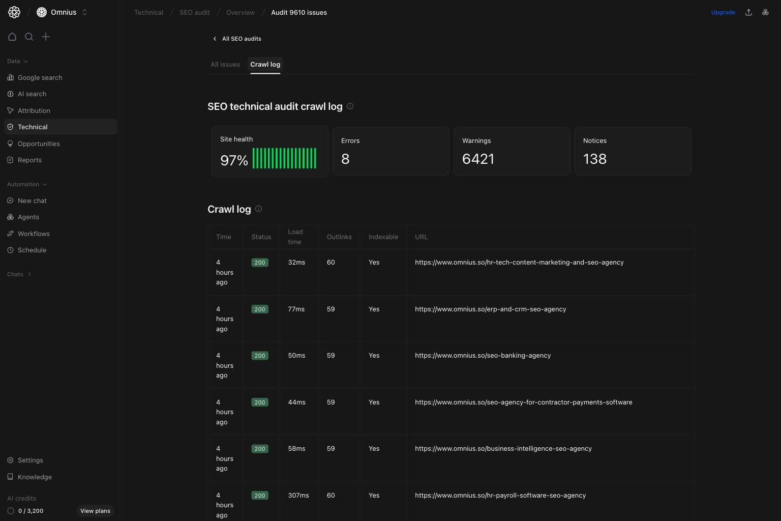 SEO audit run Crawl log view with per-URL crawl results and statuses