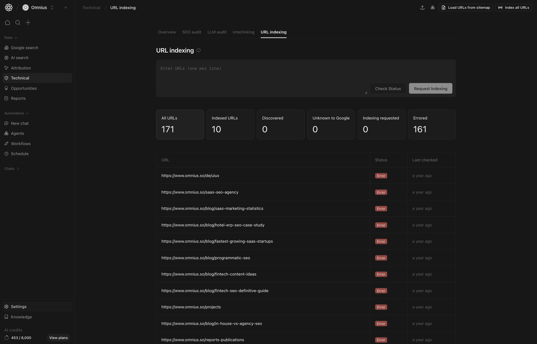 URL indexing page with URL submission input, indexing status cards, and URL status table