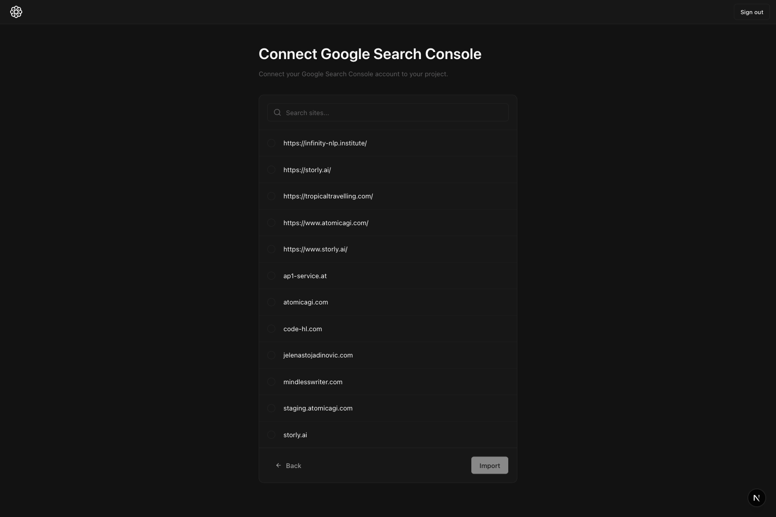 Google Search Console property selection list