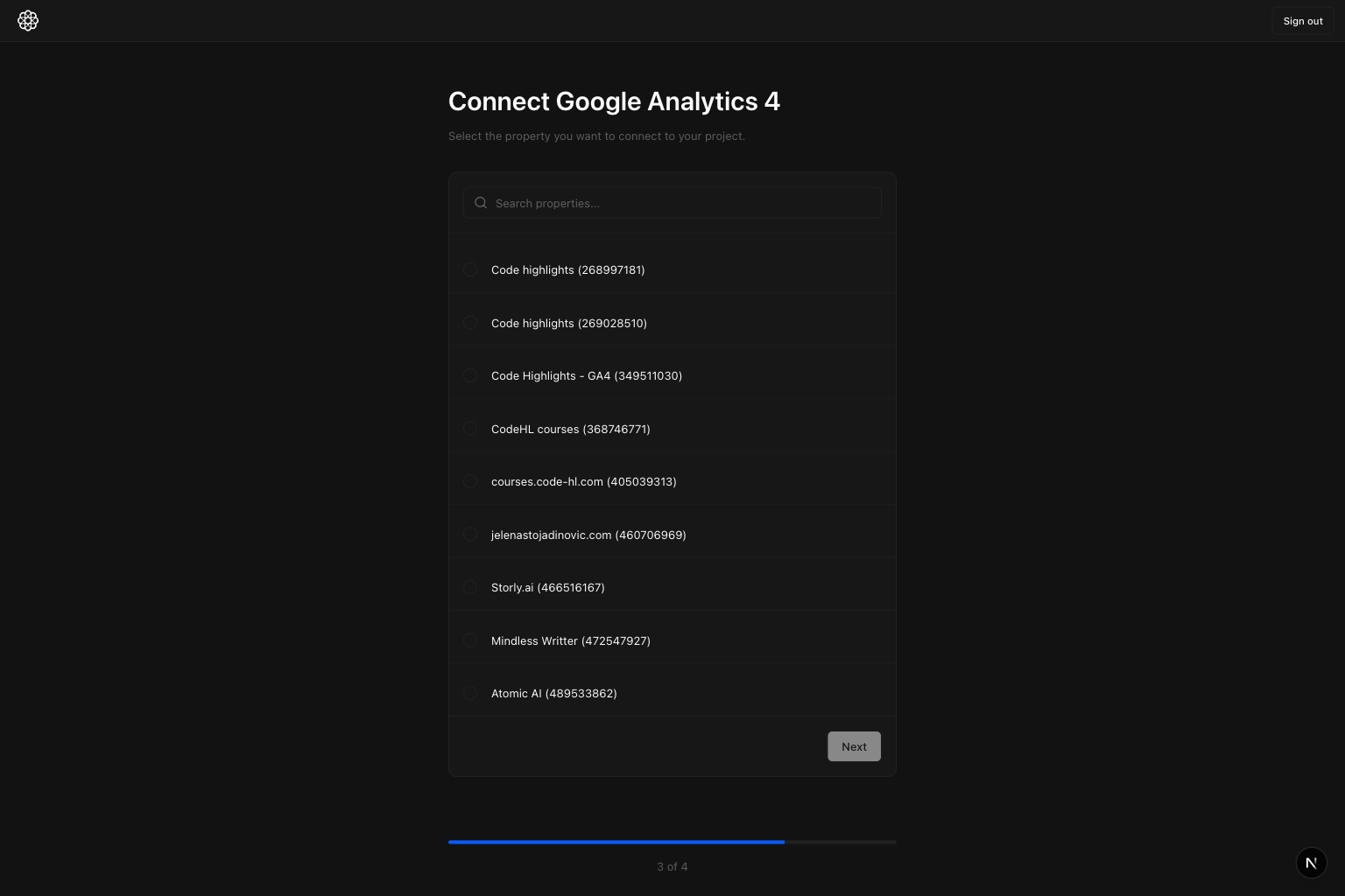 GA4 property selection during onboarding