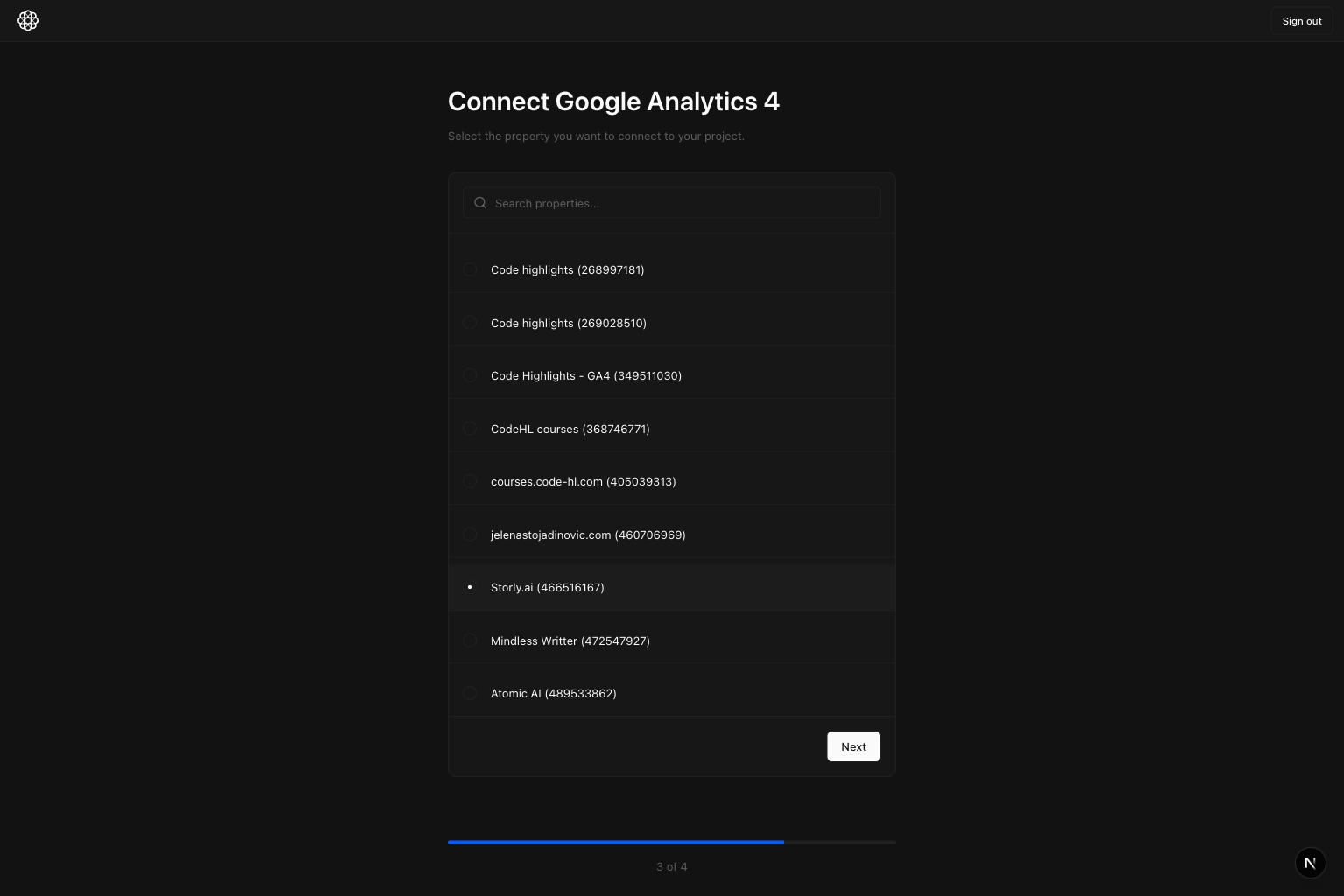 Storly.ai GA4 property selected with next button ready