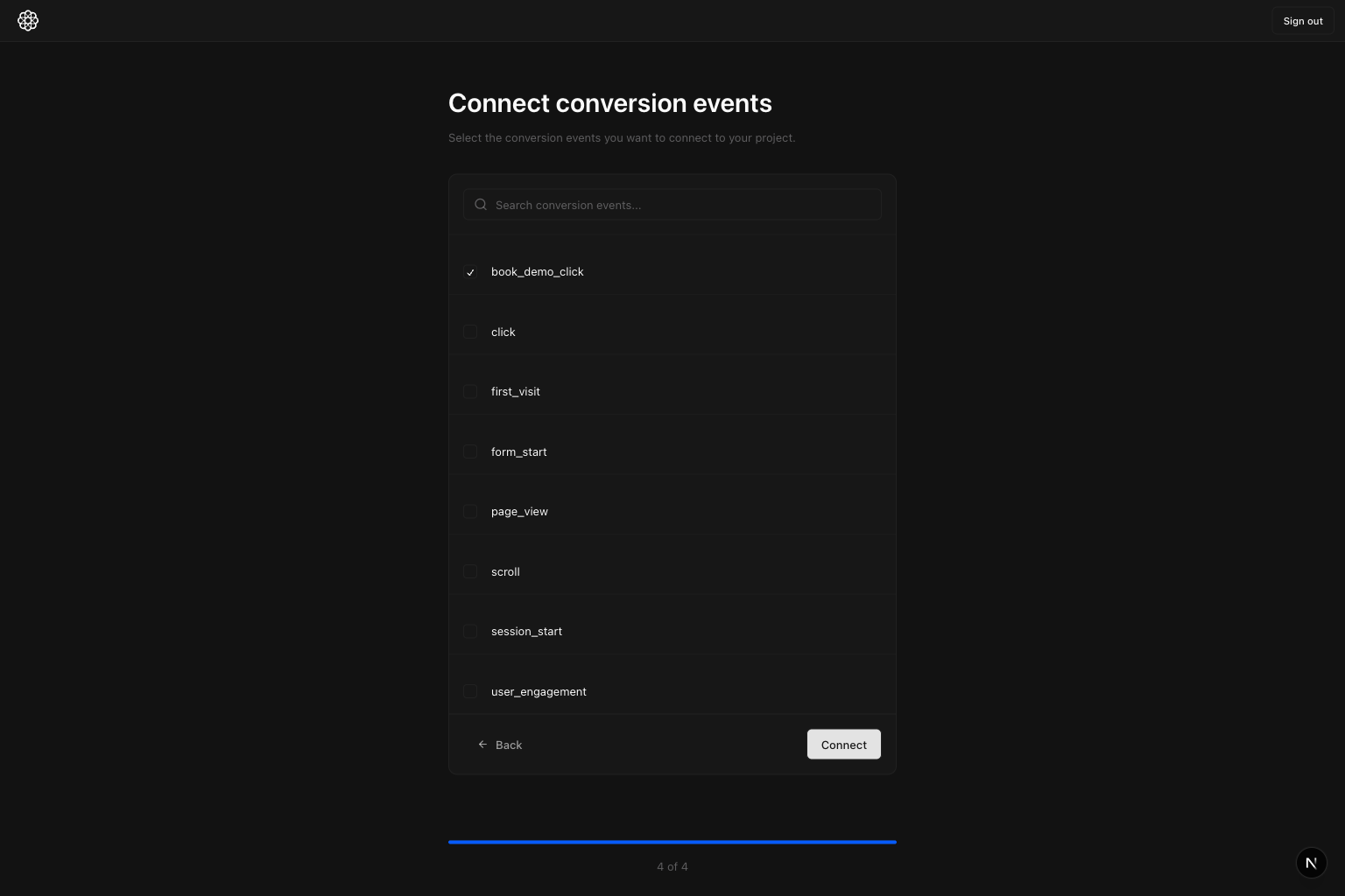 Conversion events step with book_demo_click selected