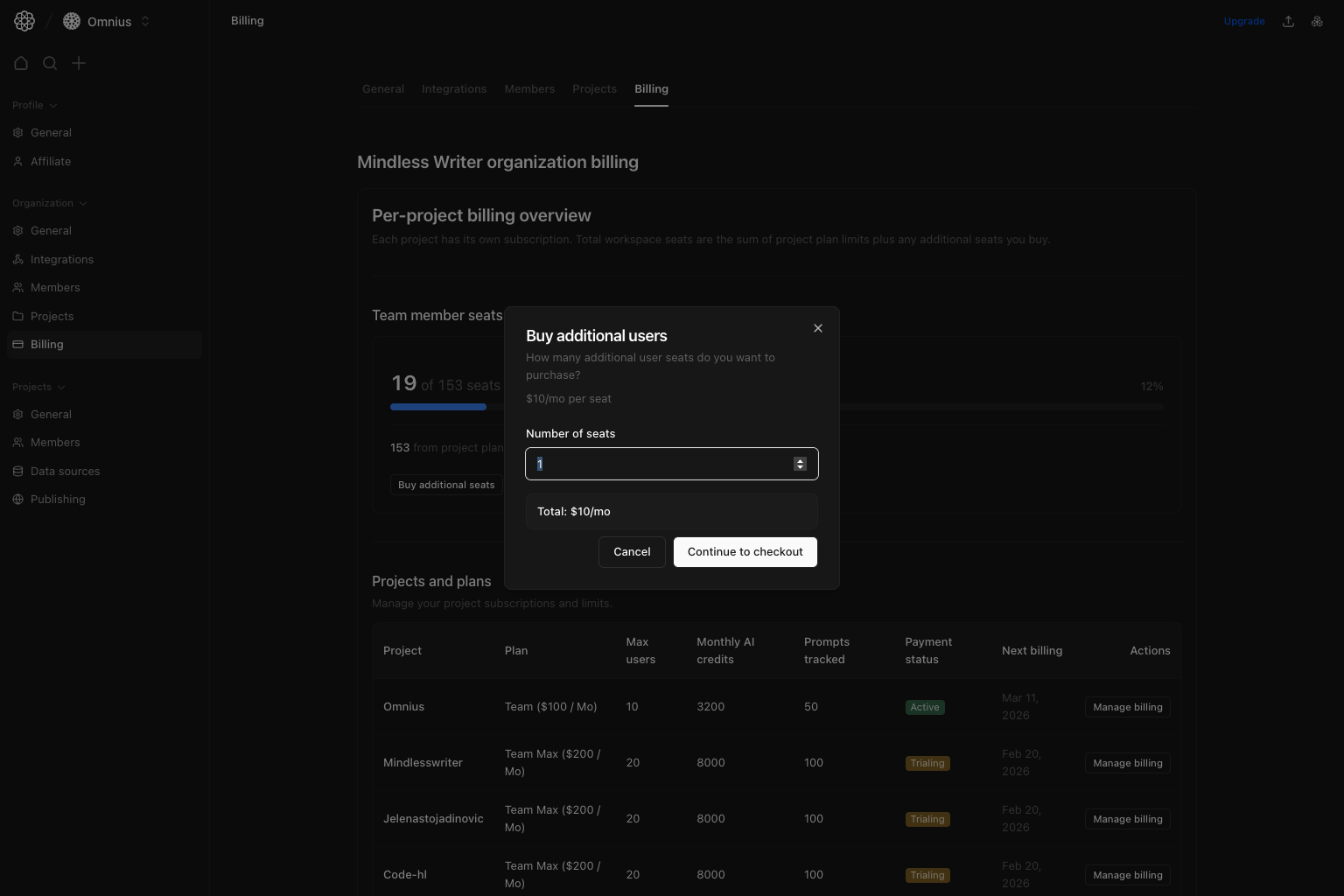 Buy additional users dialog with seat quantity input and continue to checkout action