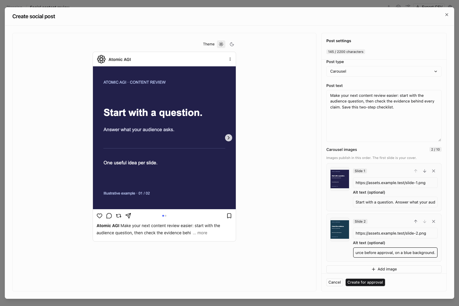 Instagram carousel preview with illustrative content and ordered slide and alt text controls