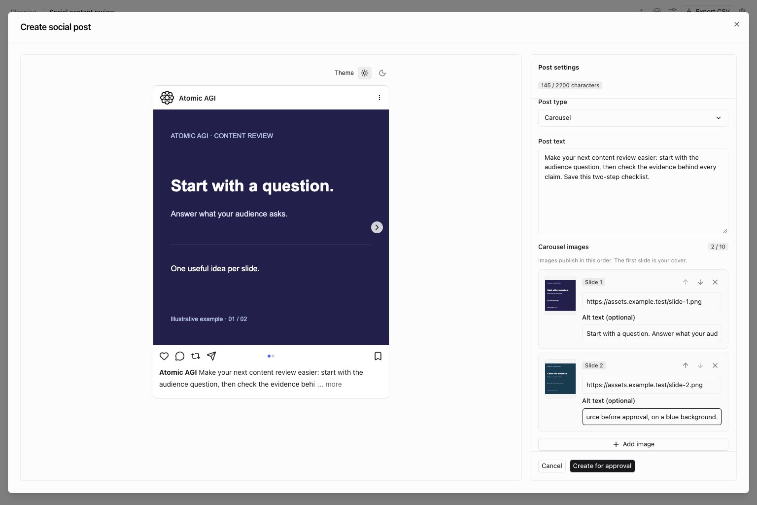 Instagram carousel preview with illustrative content and ordered slide and alt text controls