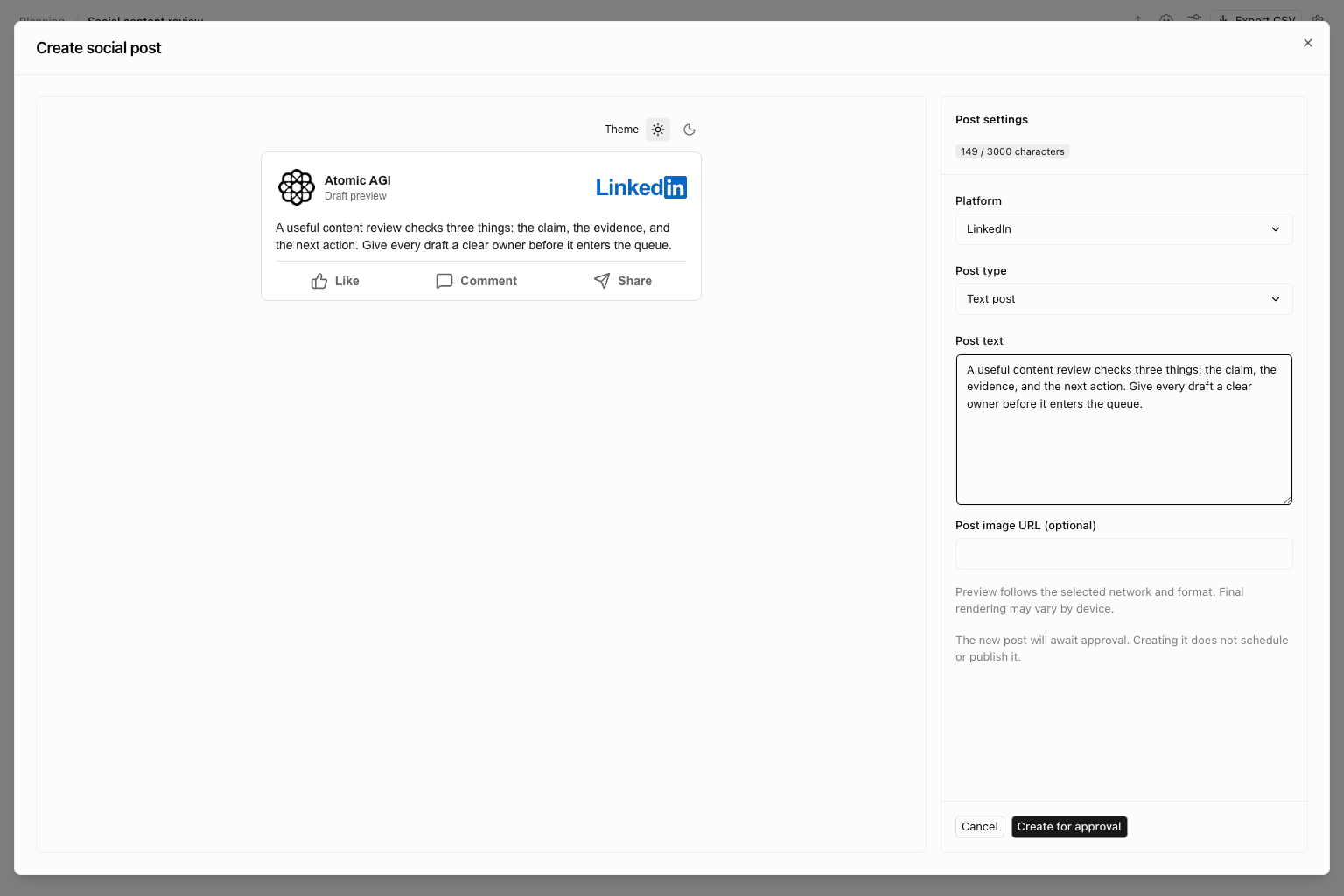 Create social post editor showing platform, format, body, character count, and a live preview
