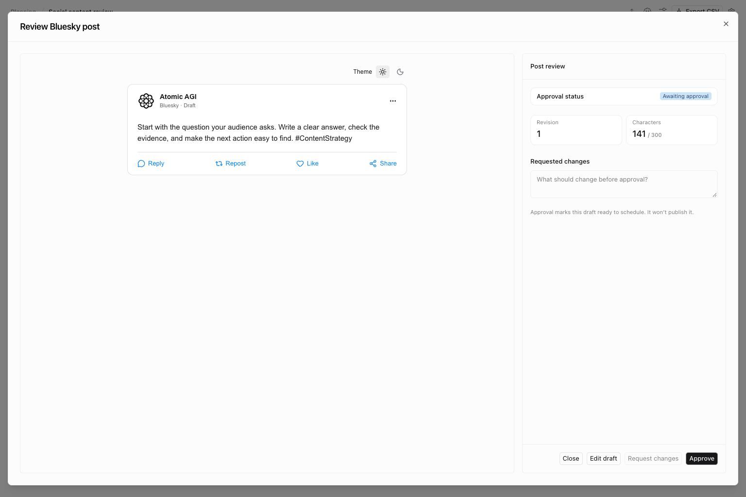 Bluesky text post preview with illustrative content and revision and approval controls