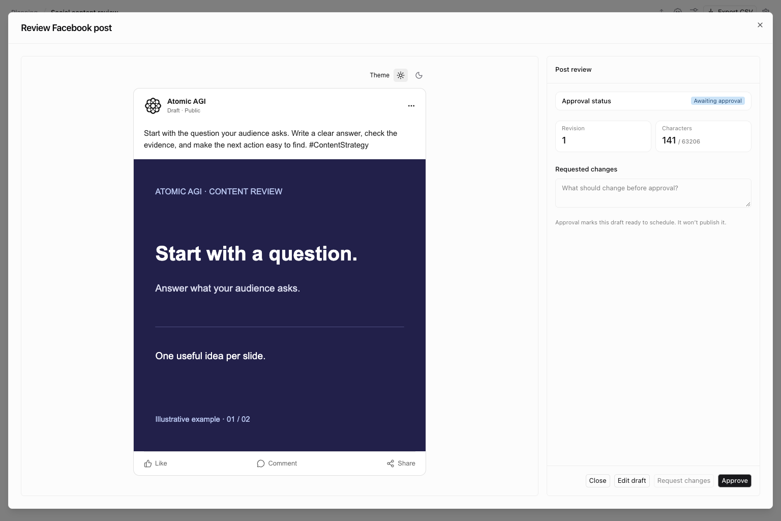 Facebook image post preview with illustrative content and revision and approval controls