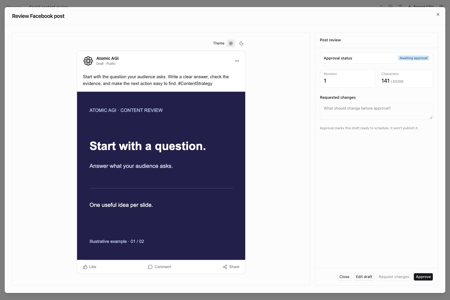 Facebook image post preview with illustrative content and revision and approval controls