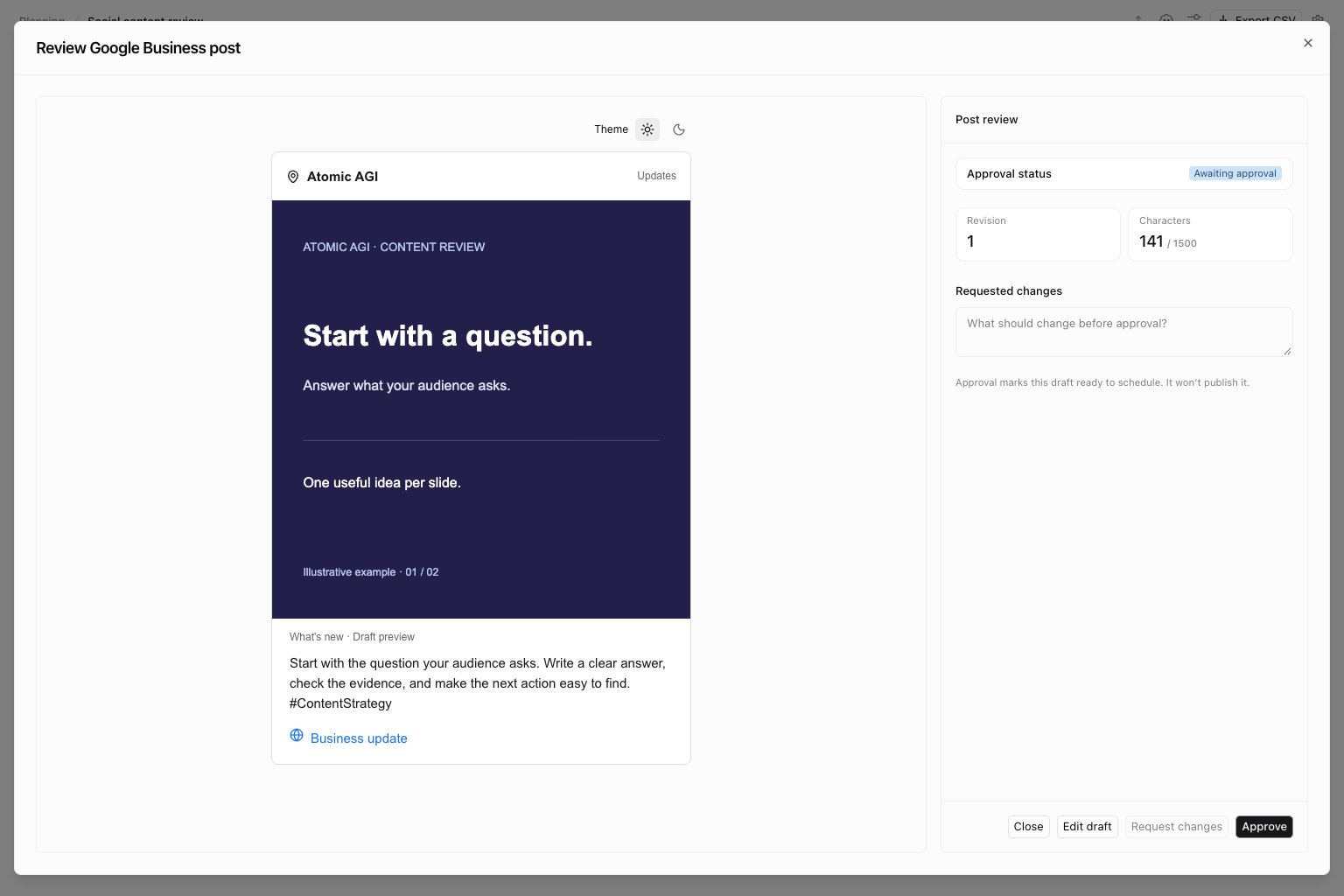 Google Business image post preview with illustrative content and revision and approval controls
