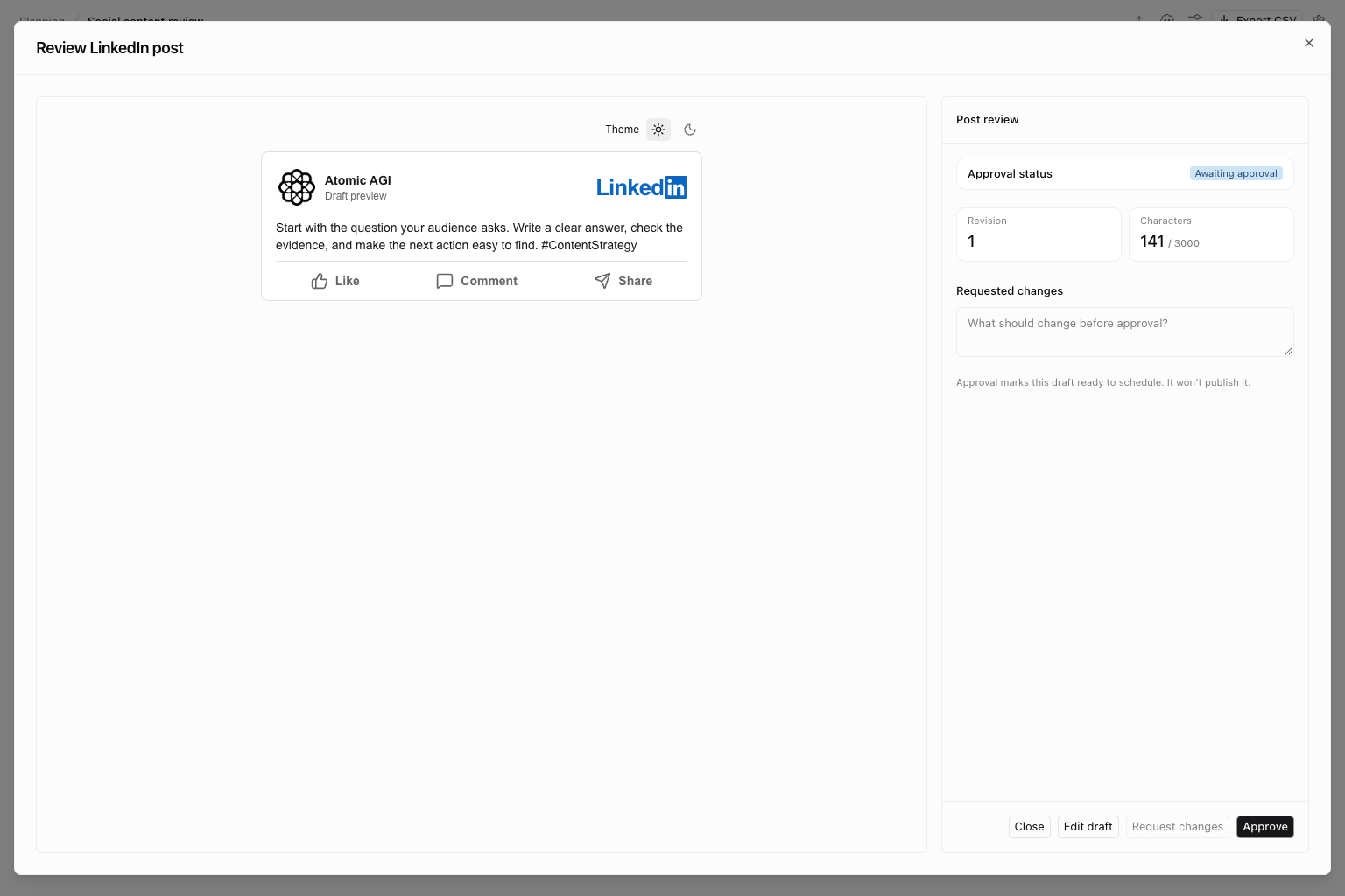 LinkedIn text post preview with illustrative content and revision and approval controls