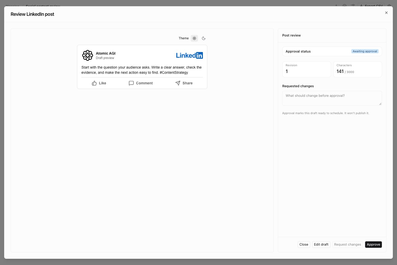 LinkedIn text post preview with illustrative content and revision and approval controls