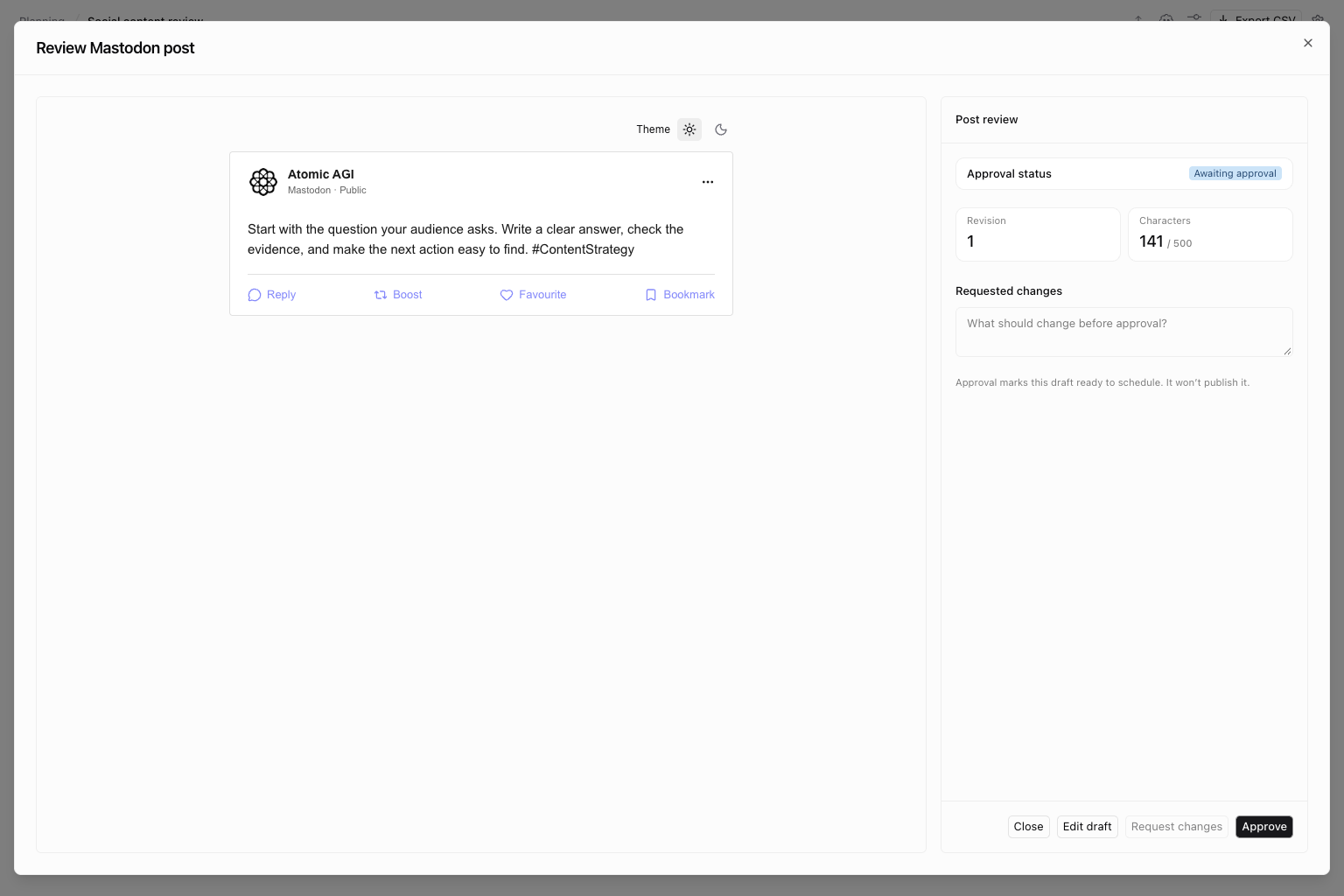 Mastodon text post preview with illustrative content and revision and approval controls