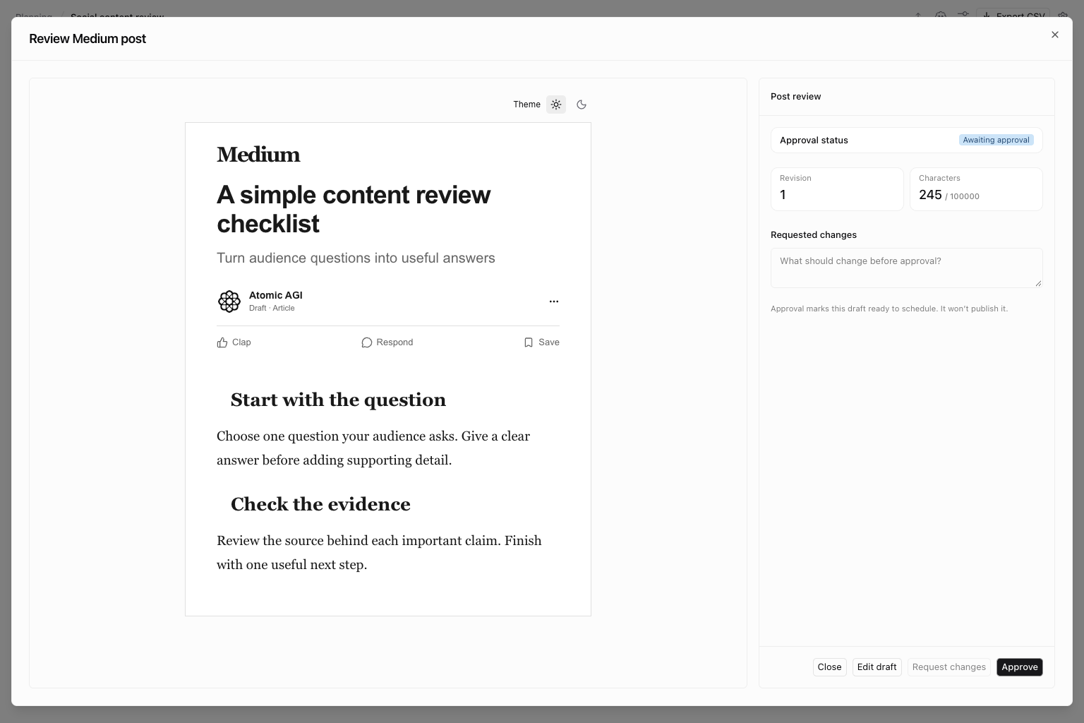 Medium article preview with illustrative content and revision and approval controls
