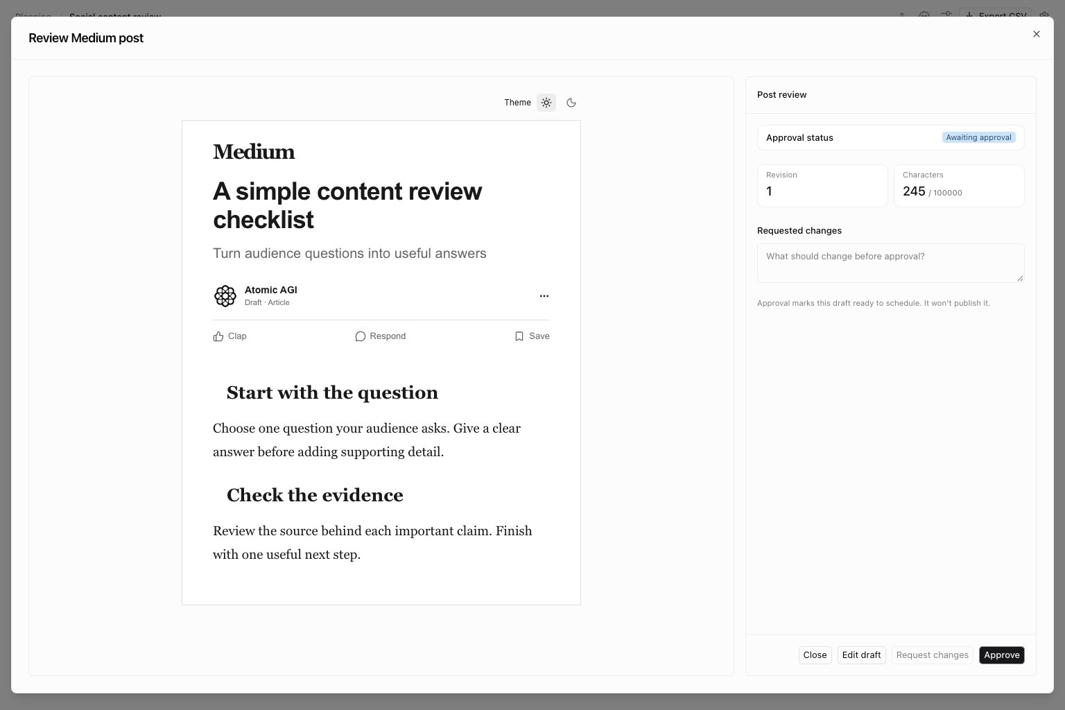 Medium article preview with illustrative content and revision and approval controls