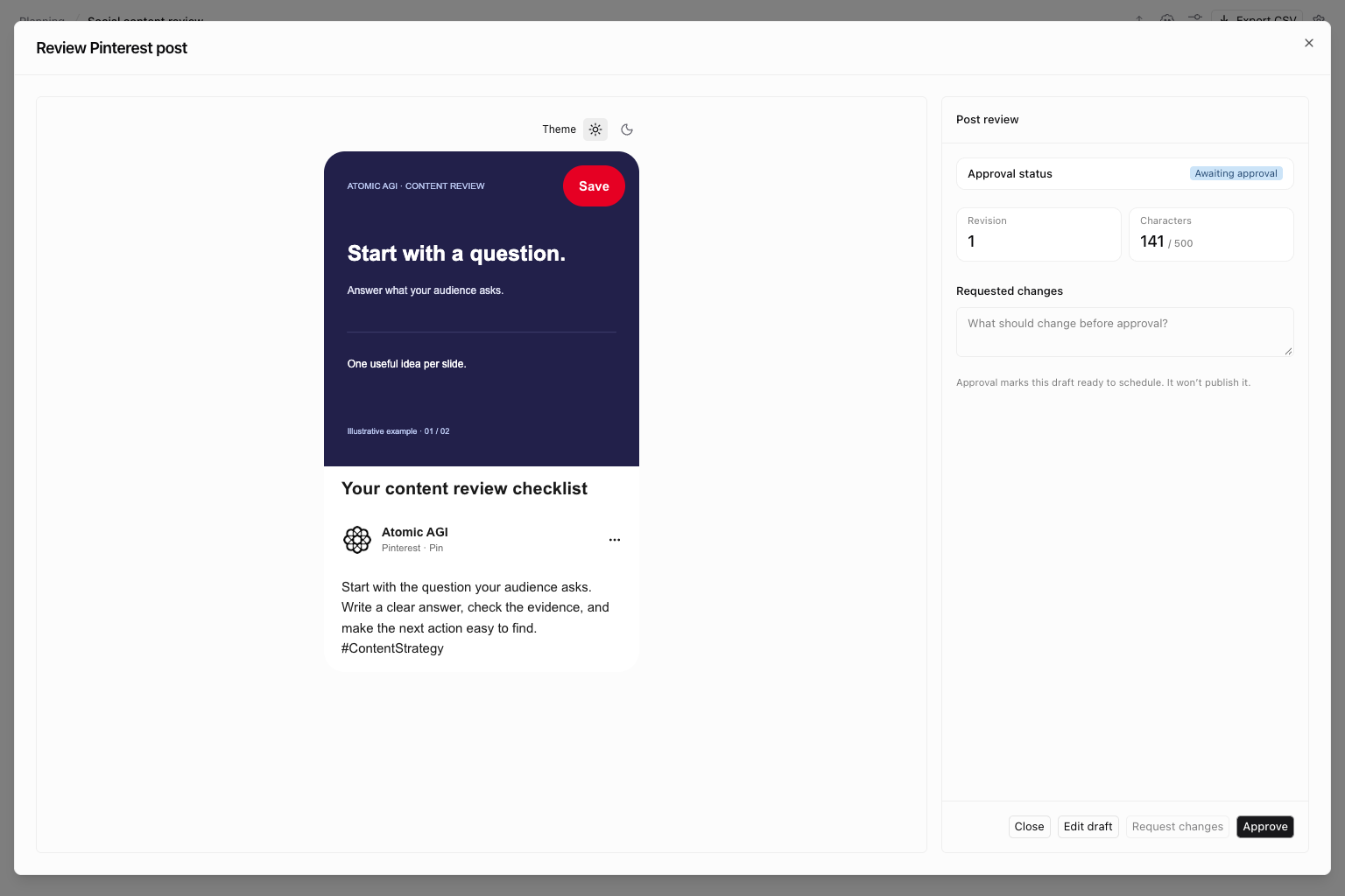 Pinterest pin preview with illustrative content and revision and approval controls