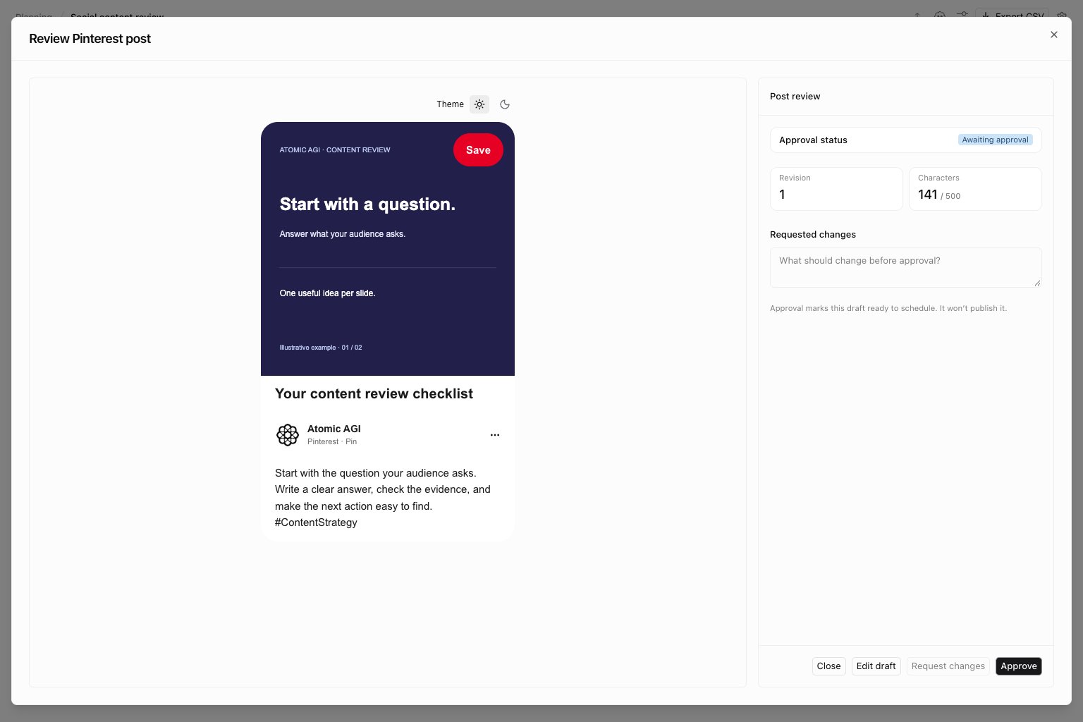 Pinterest pin preview with illustrative content and revision and approval controls