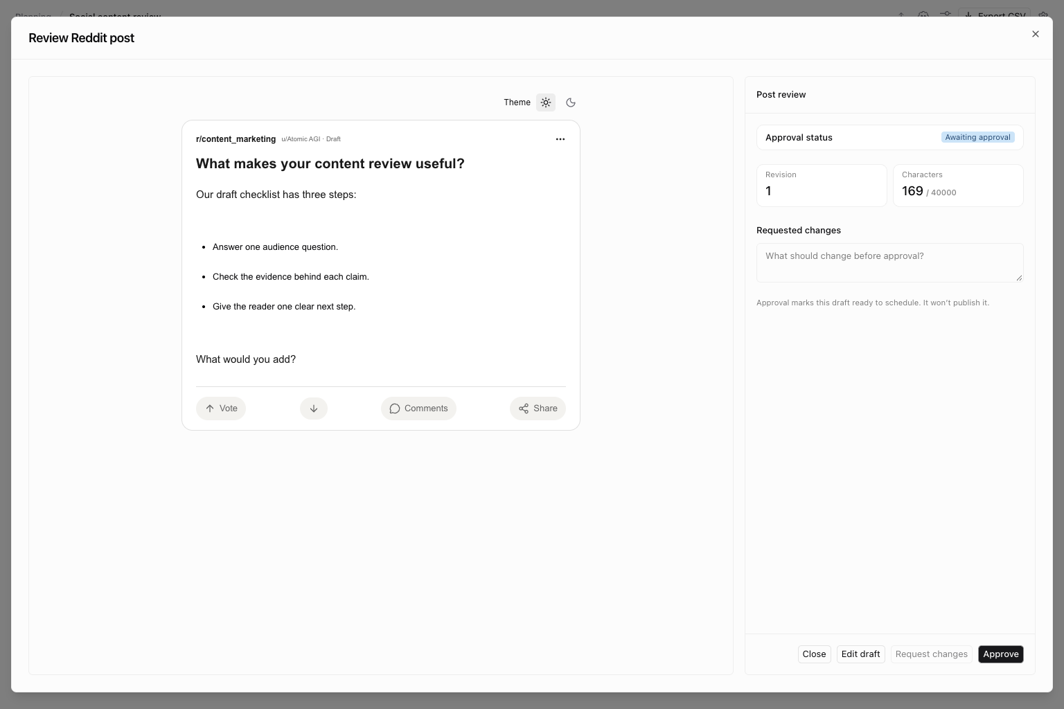 Reddit text post preview with illustrative content and revision and approval controls