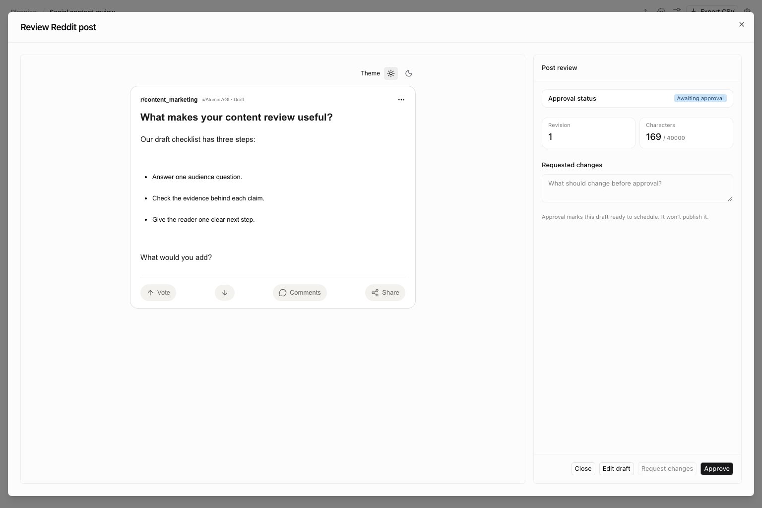 Reddit text post preview with illustrative content and revision and approval controls