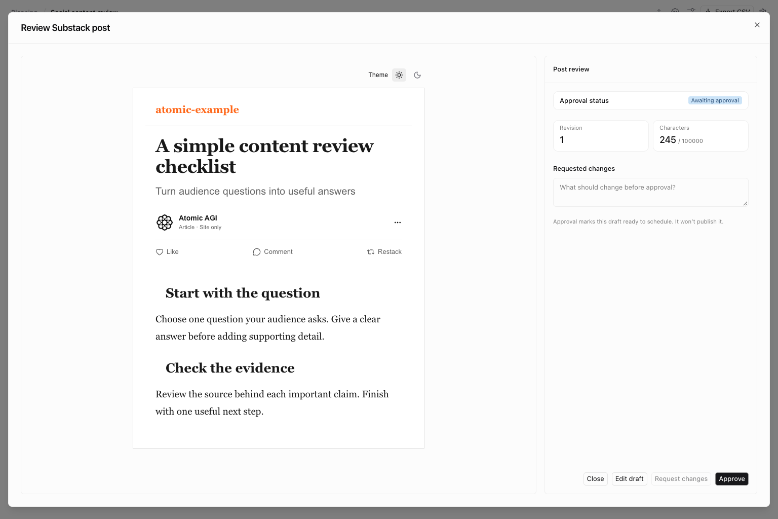Substack article preview with illustrative content and revision and approval controls