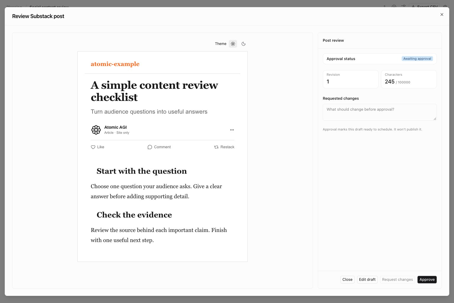 Substack article preview with illustrative content and revision and approval controls