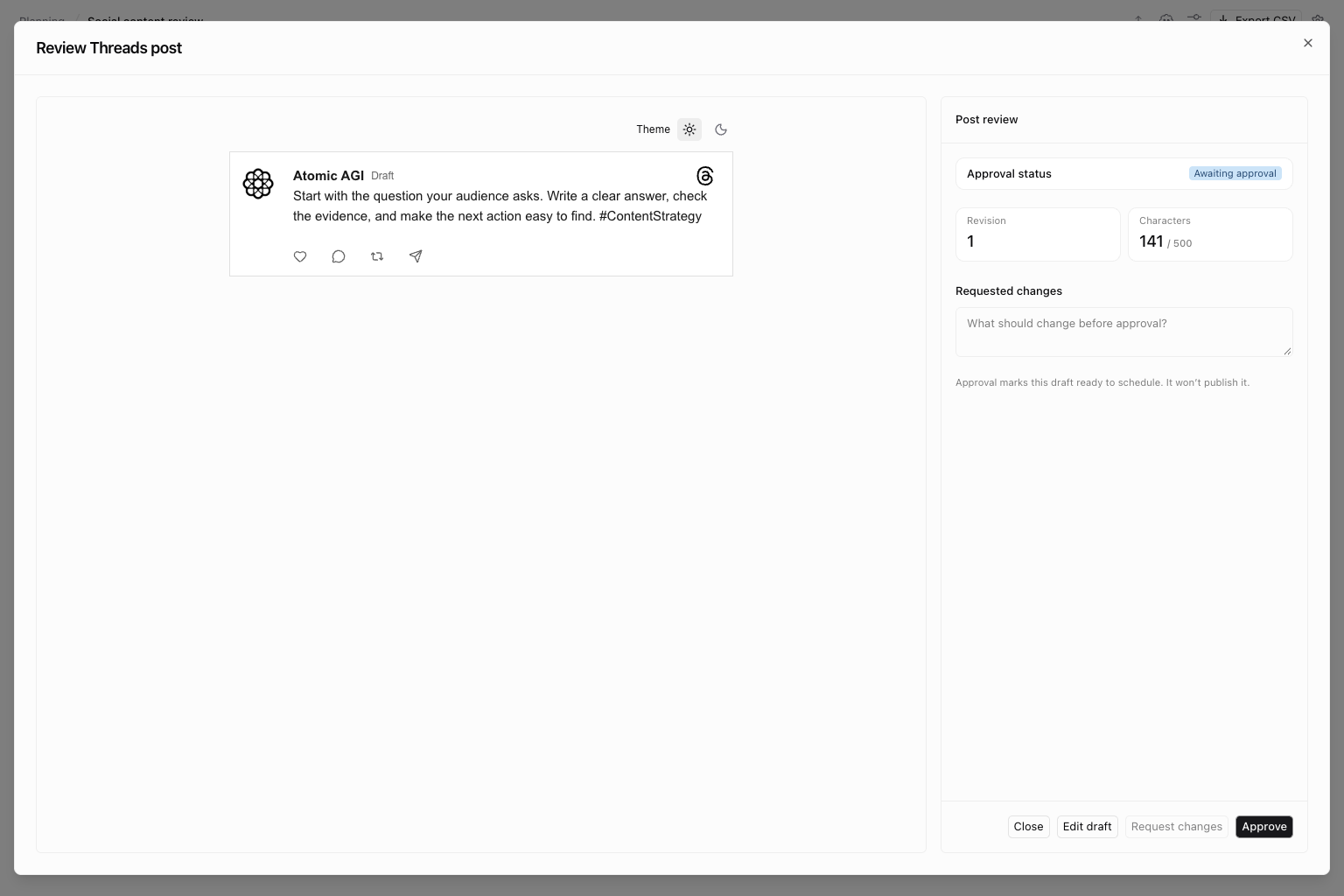 Threads text post preview with illustrative content and revision and approval controls