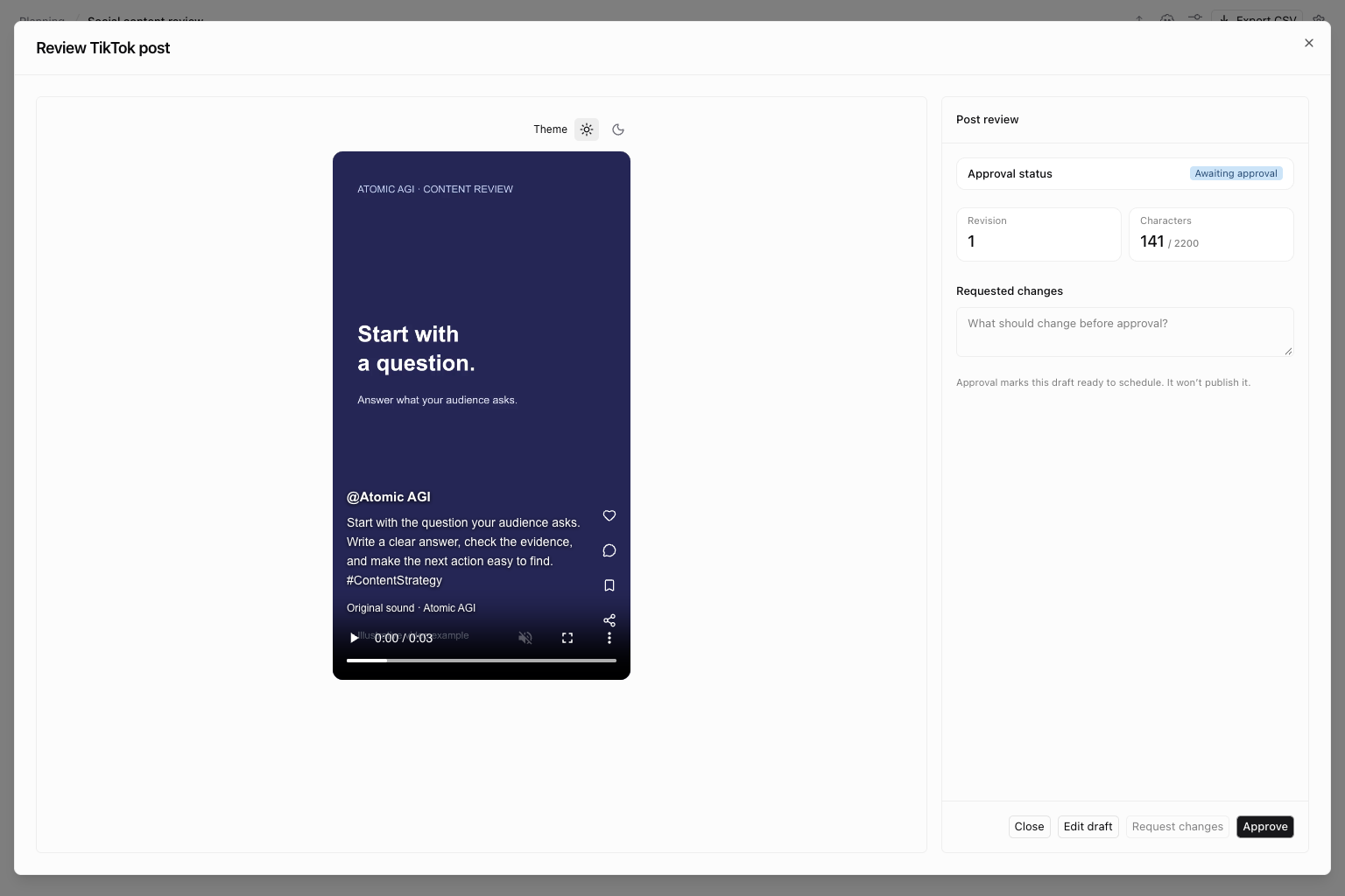 TikTok video preview with illustrative content and revision and approval controls