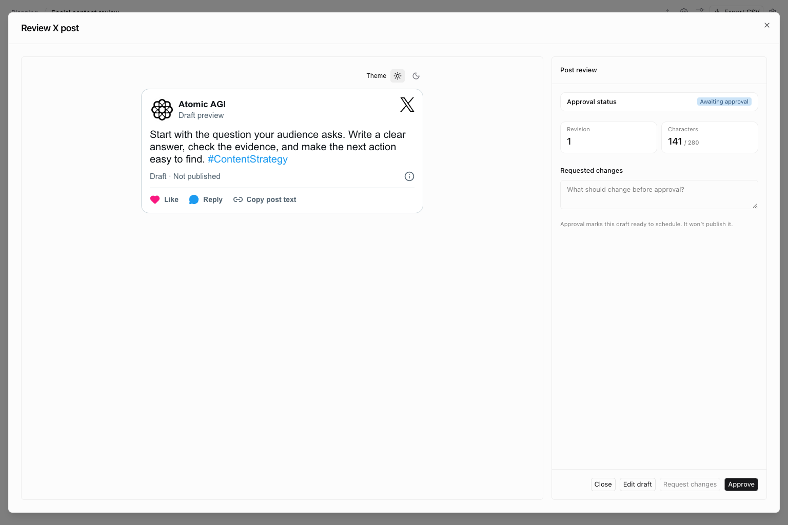 X text post preview with illustrative content and revision and approval controls