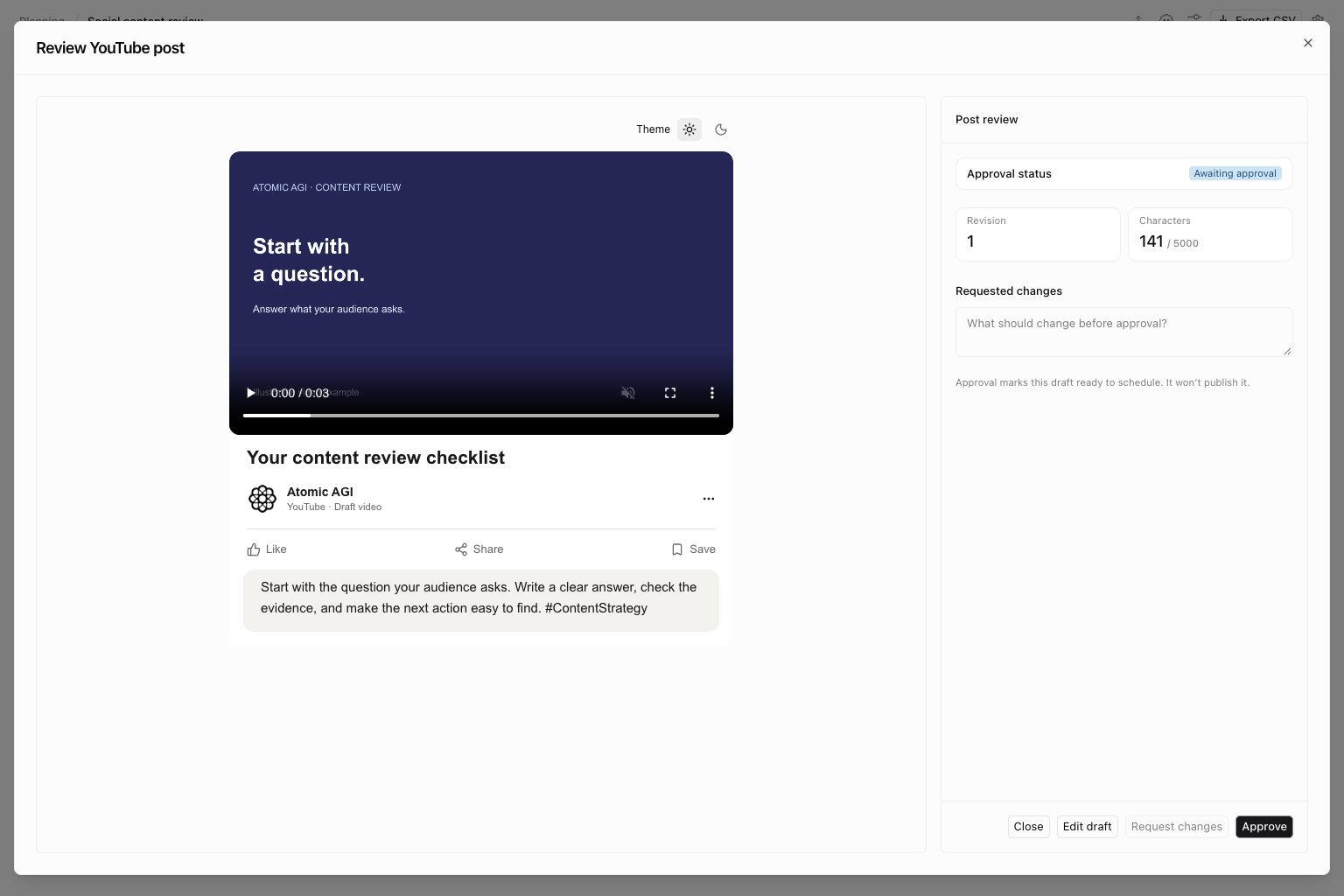 YouTube video preview with illustrative content and revision and approval controls