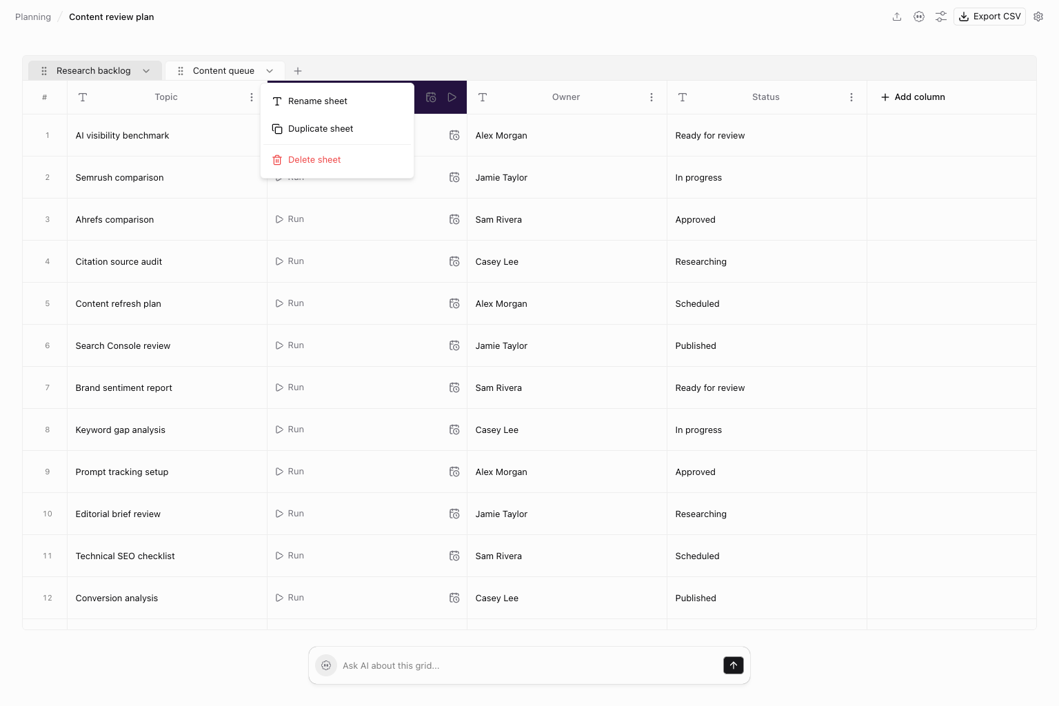 Sheet menu with rename, duplicate, and delete controls