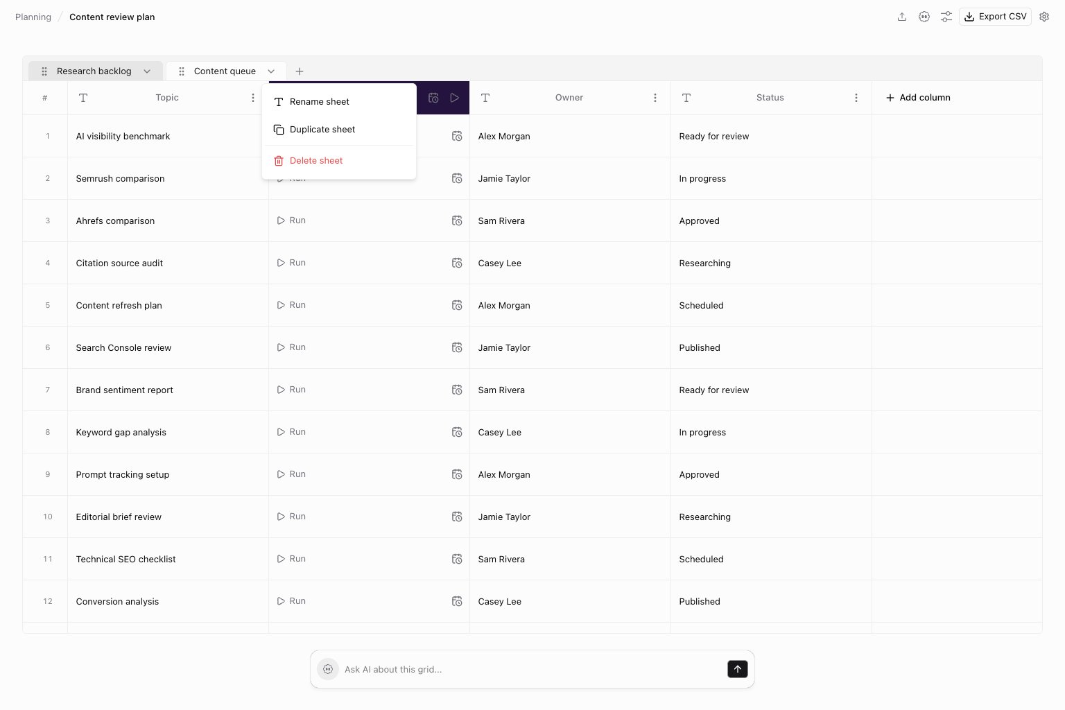 Sheet menu with rename, duplicate, and delete controls