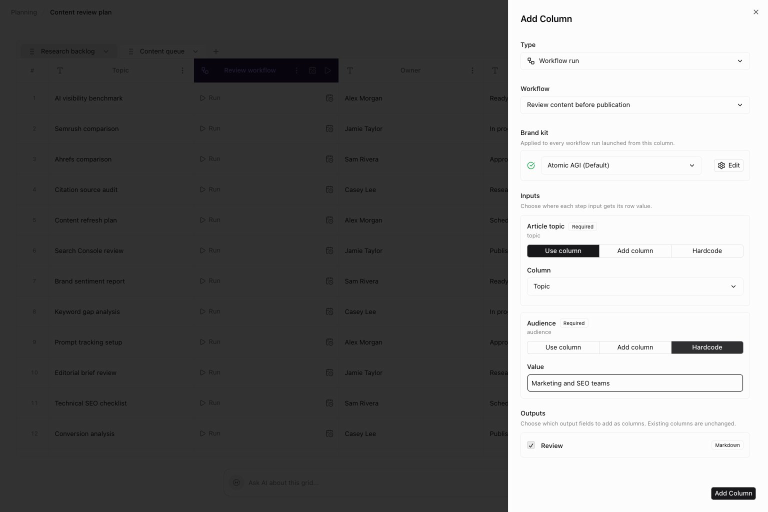 Workflow run column configuration drawer with workflow selection and input mapping