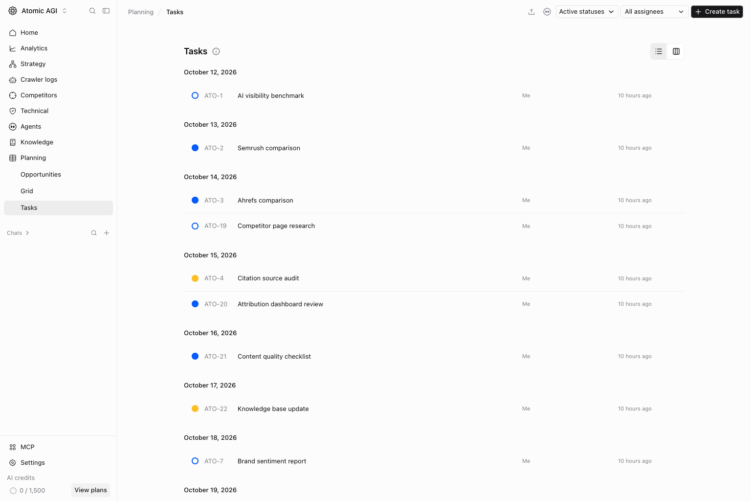 Tasks page with status filters, assignee filters, and task list area