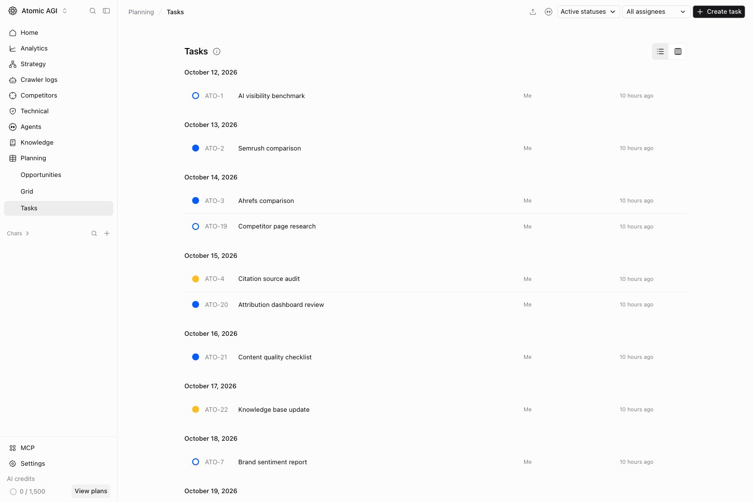 Tasks page with status filters, assignee filters, and task list area