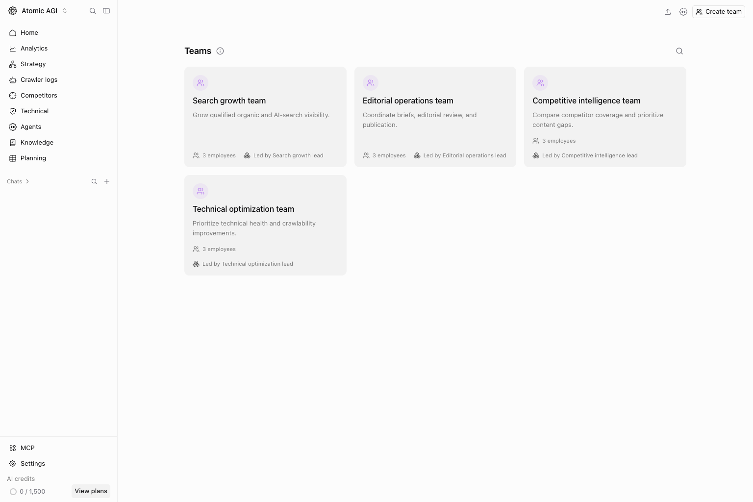 Teams page showing reusable AI teams in the automation section