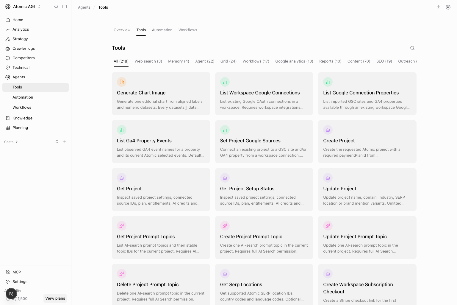 Tools page with categorized tool cards and direct execution support