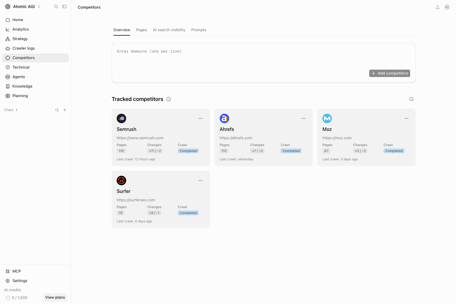 Competitors page with tracked competitor domains and crawl status