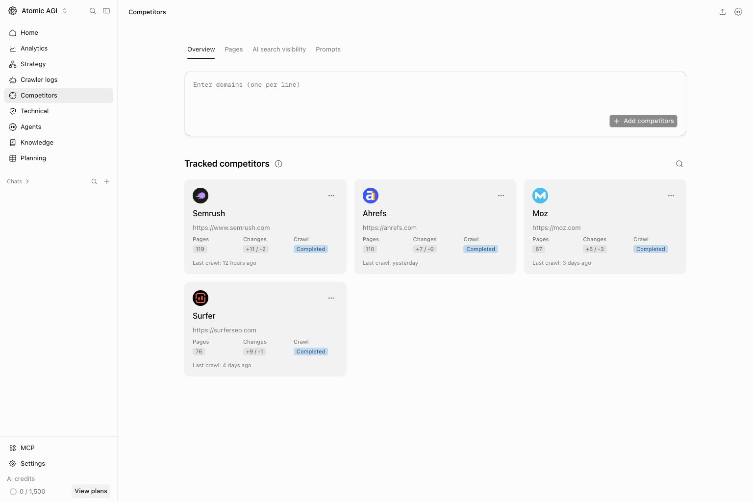 Competitors page with tracked competitor domains and crawl status
