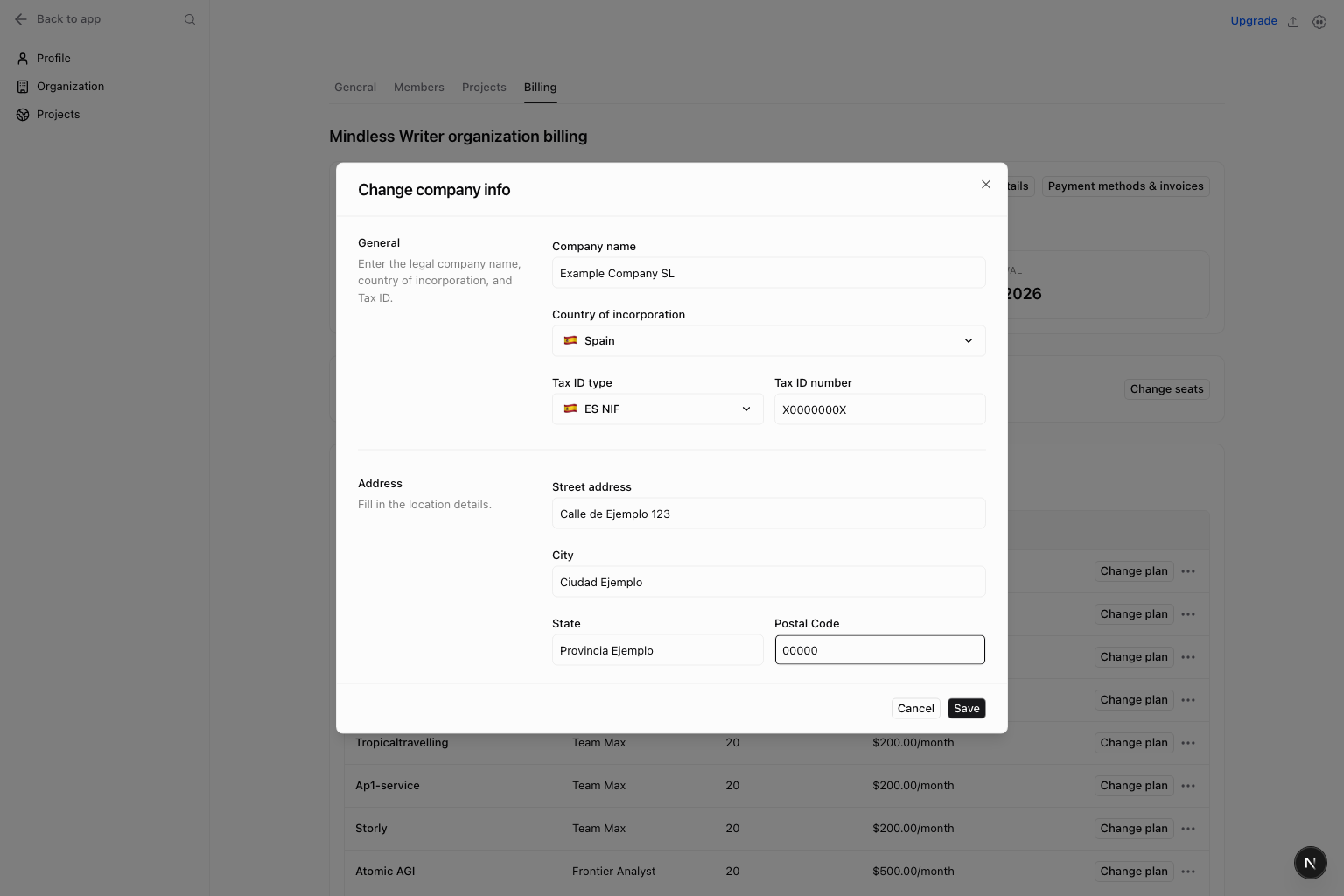 Company billing details dialog with legal company name, Tax ID, country, and registered billing address