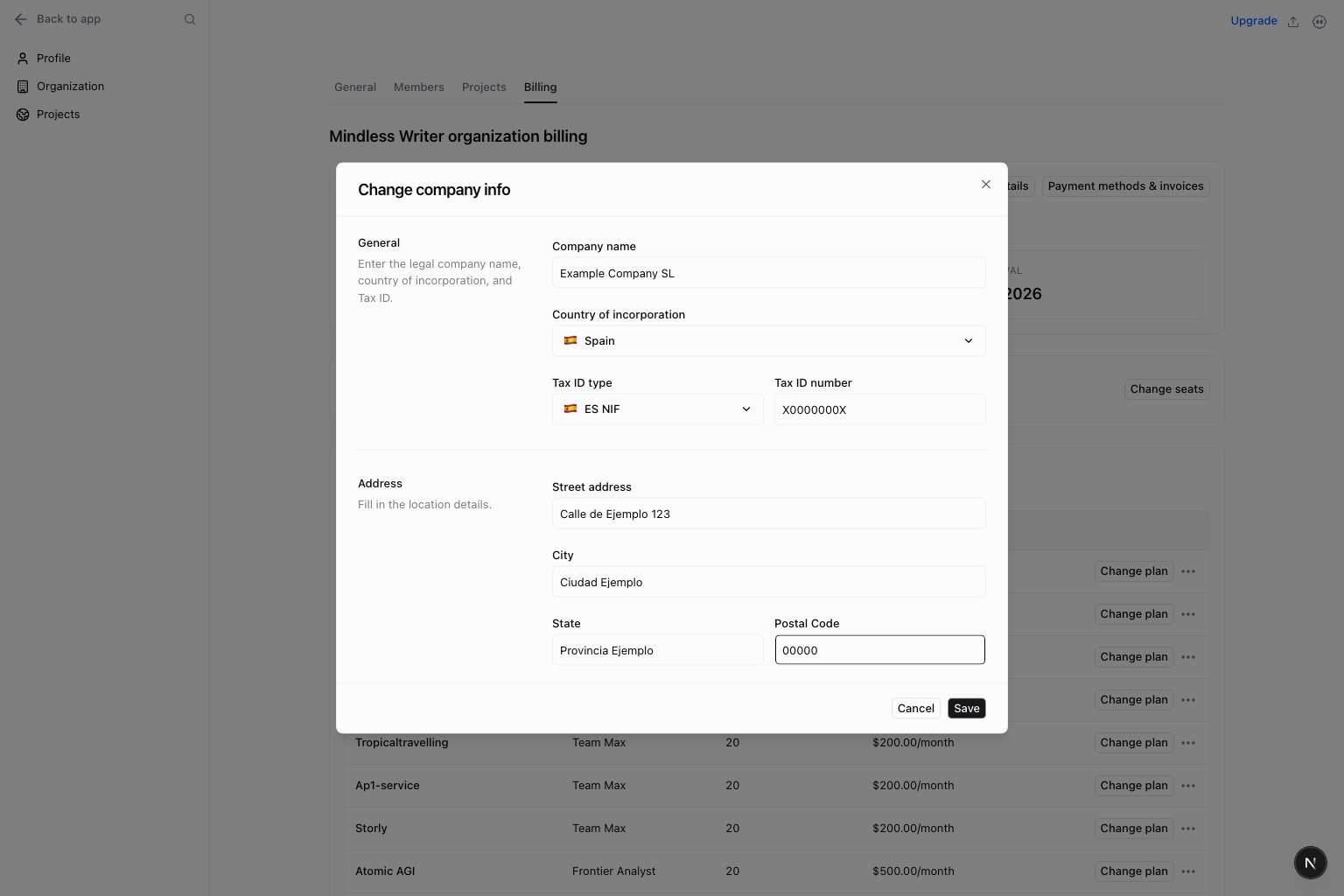 Company billing details dialog with legal company name, Tax ID, country, and registered billing address