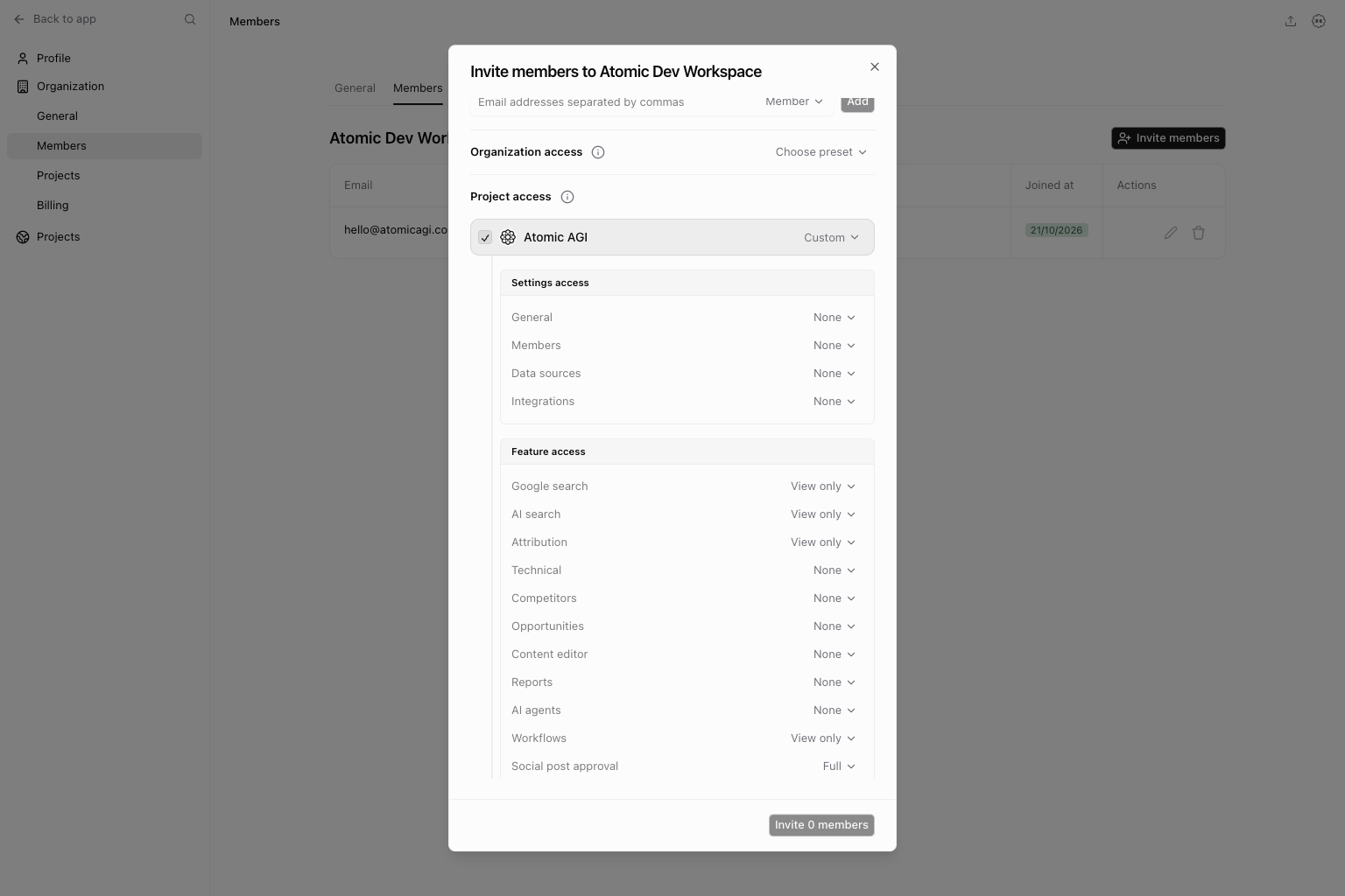 Project permission controls with Workflows set to View only and Social post approval set to Full for a client reviewer