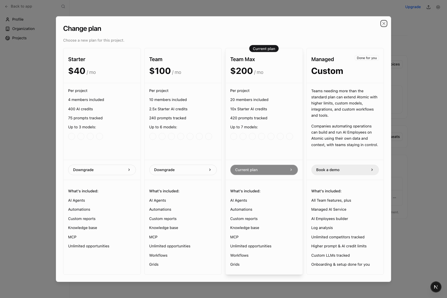 Change plan dialog with paid project plan options