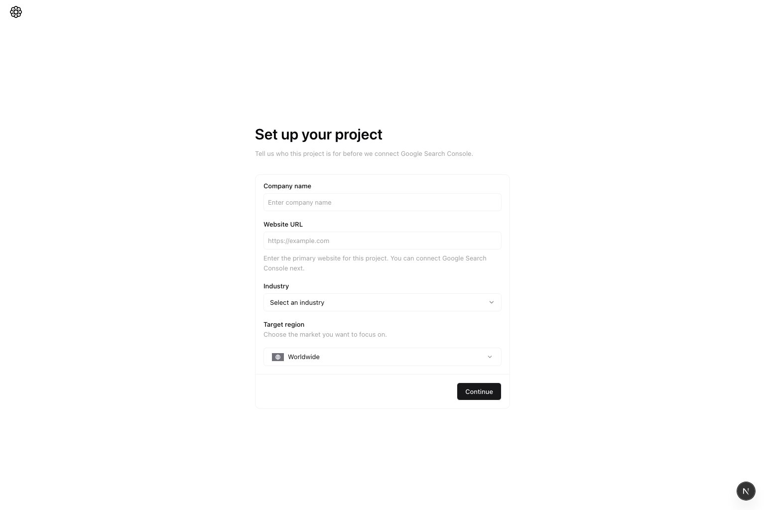 Set up your project form with the required Website URL field