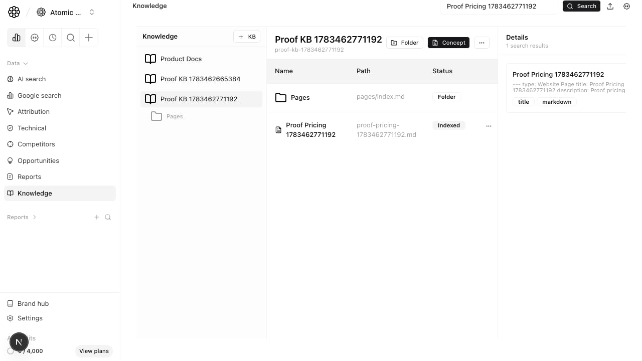 Project Knowledge page with knowledge bases, folders, concepts, and markdown detail panel