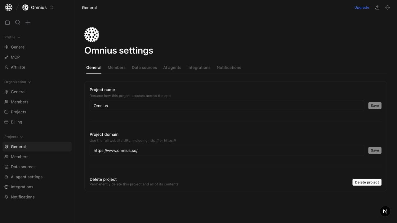 Project general settings with project name, domain, and delete project action