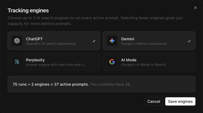 Tracking engines dialog showing selected AI search engines and calculated prompt capacity