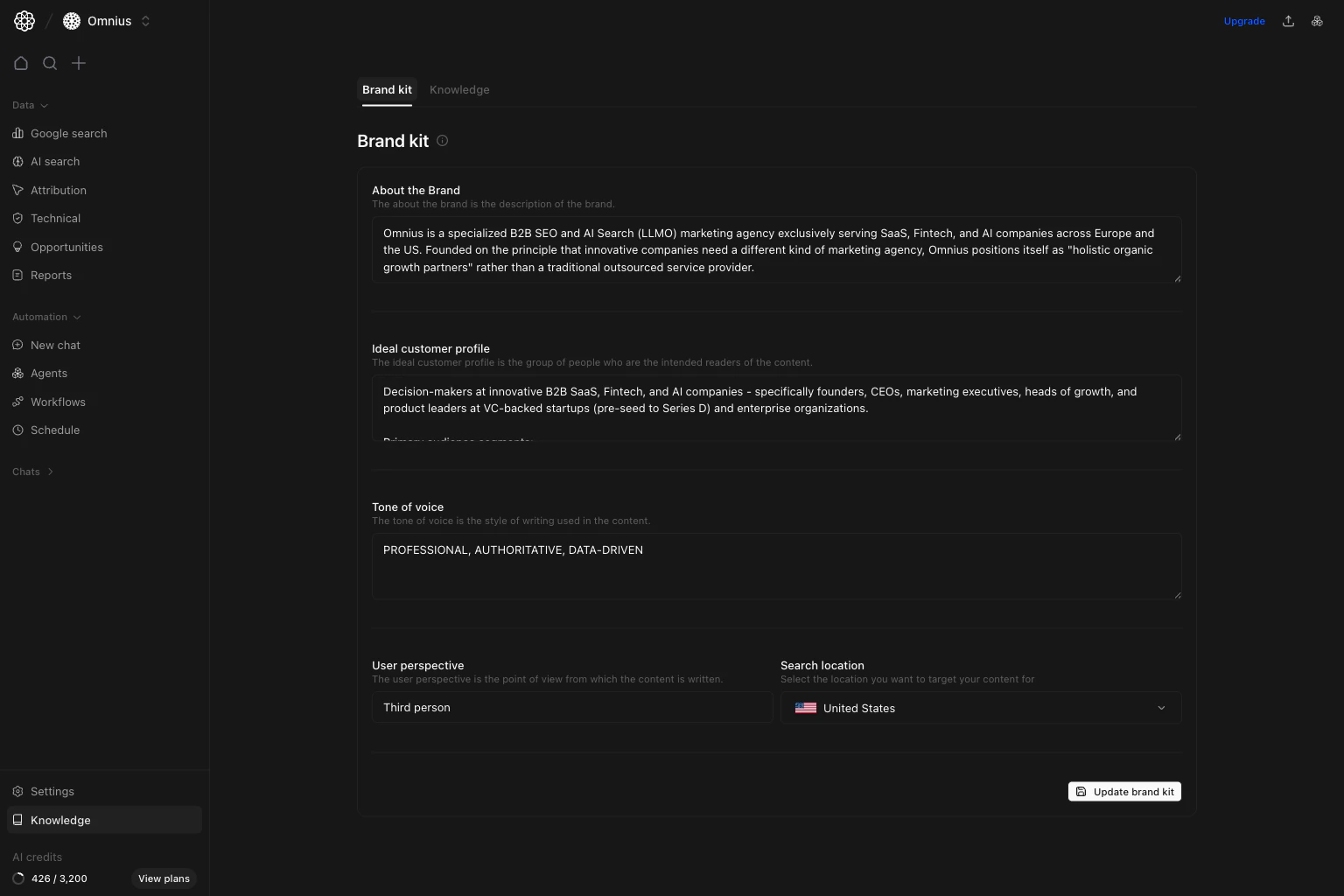 Project brand kit form with about the brand, ideal customer profile, tone of voice, user perspective, and search location