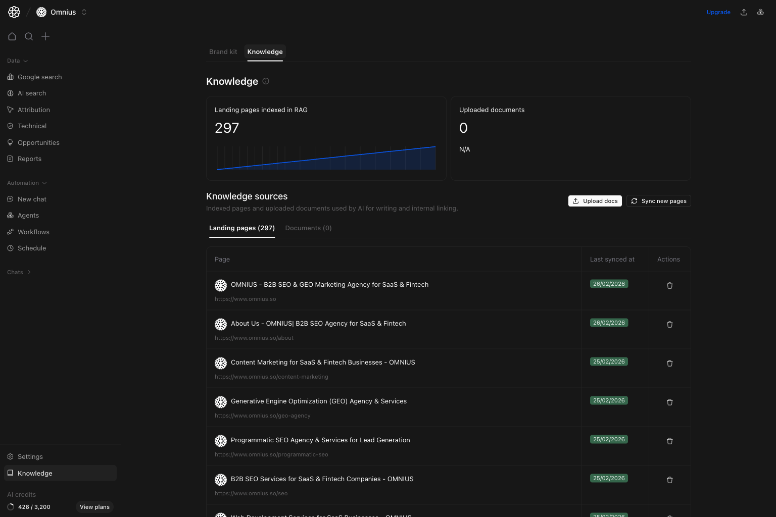 Project knowledge settings with indexed landing page count, uploaded document count, and source tables