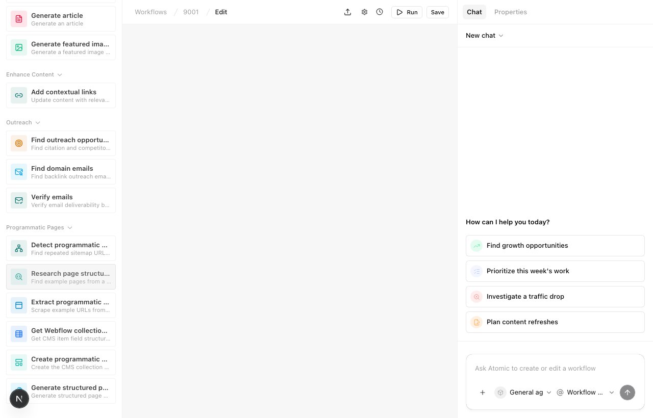 Workflow editor Programmatic Pages sidebar showing Research page structure from description